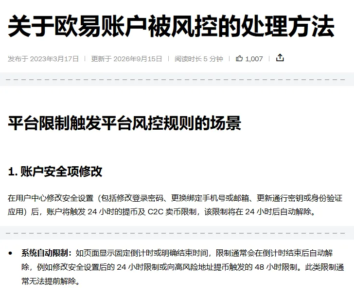 欧易帮助中心《关于欧易账户被风控的处理方法》页面：「账户安全项修改」一条写改登录密码、换绑手机号或邮箱、更新通行密钥或身份验证应用后，触发 24 小时提币及 C2C 卖币限制；下面「系统自动限制」一条写此类限制通常无法提前解除